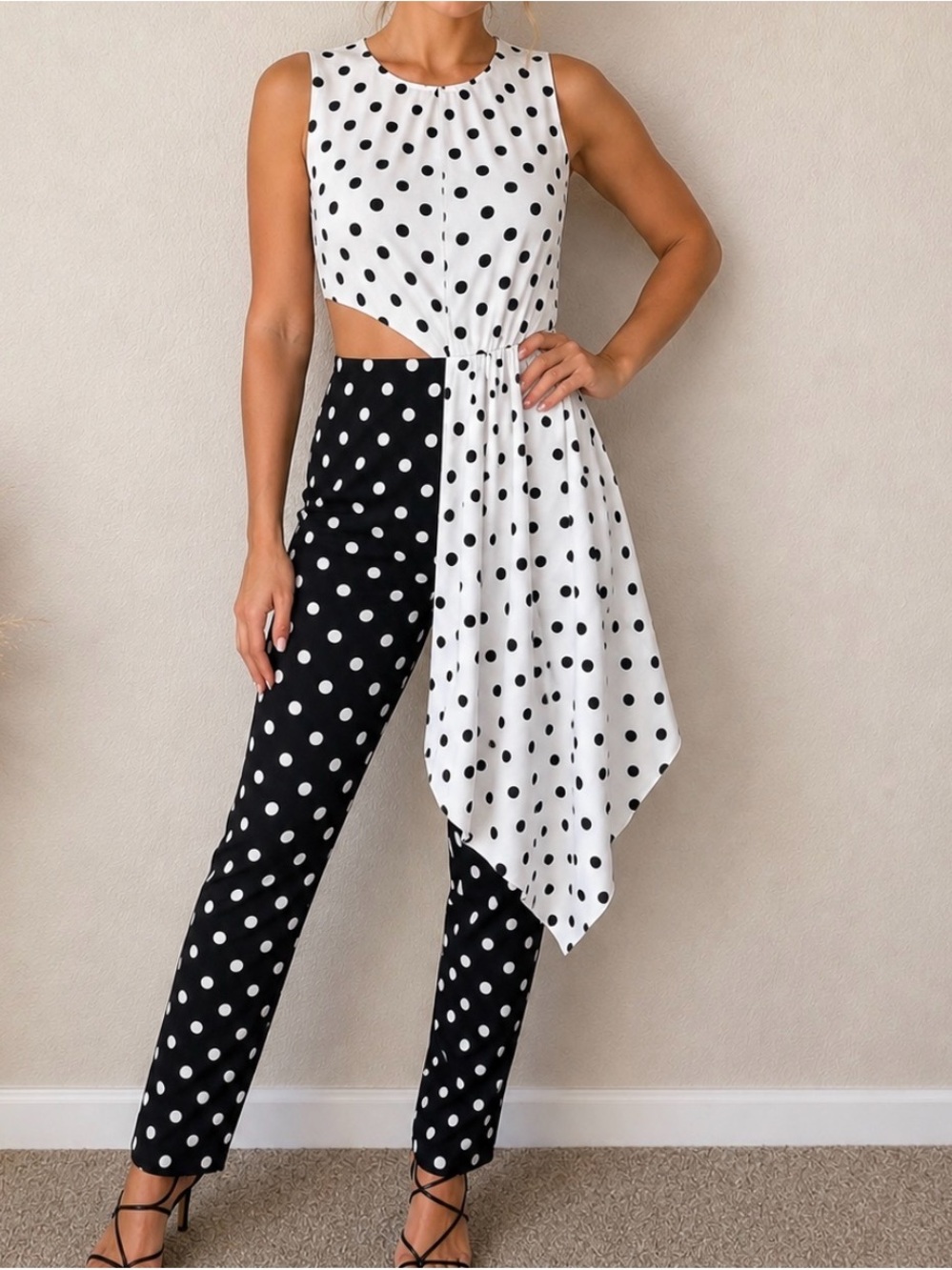 Venus Polka Dot Mixed-Panel Jumpsuit - Black & White Asymmetrical Draped Hip XS